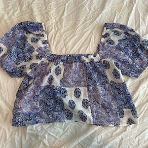 J.Crew Blue and White Patchwork Off the Shoulder Shirt